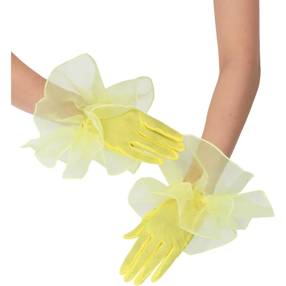 Women's Yellow Short Mesh Imported Tulle Sheer Lace Ruffles Gloves